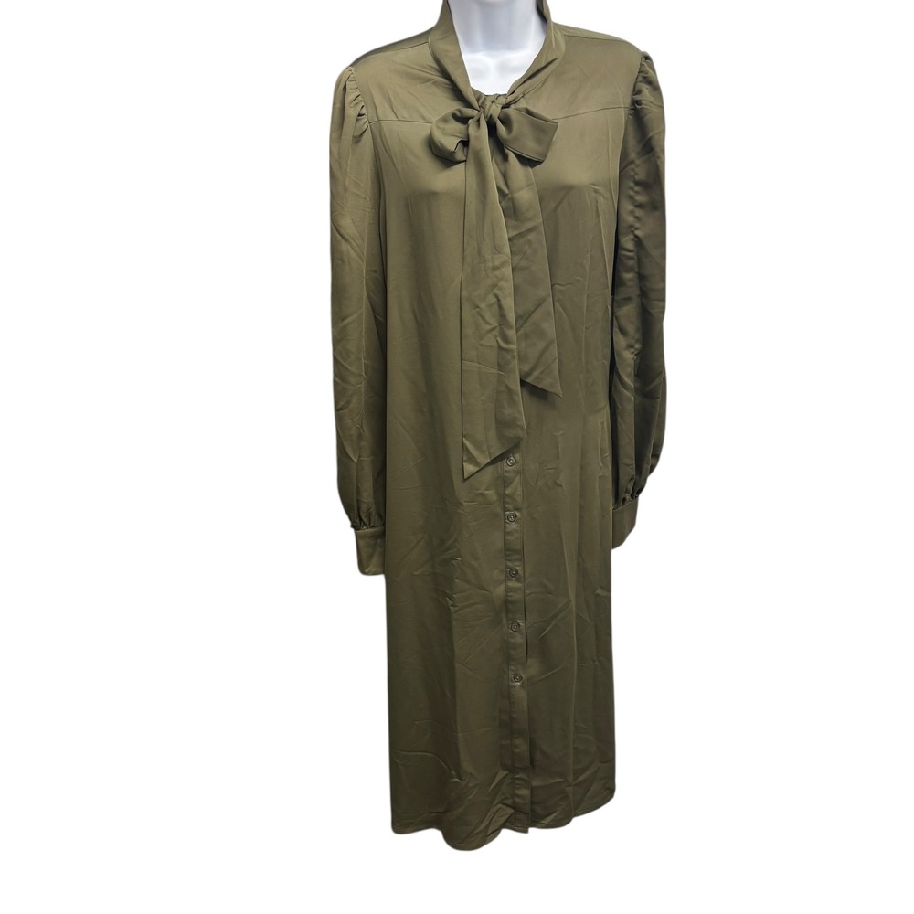 Just Fab Olive Green Button Front Bow Neck Long Sleeve Maxi Dress Womens XL